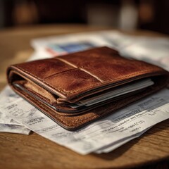 Close up of a worn brown leather wallet filled with cash and cards resting on a table with papers