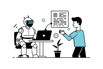 Fototapeta premium Robot and man interacting with a computer and document