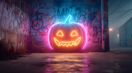 Neon pumpkin graffiti glowing on cyber wall, spotlight rim edges, freeze frame clarity, metallic sprayed surface. Split-complementary