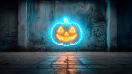 Neon pumpkin graffiti glowing on cyber wall, spotlight rim edges, freeze frame clarity, metallic sprayed surface. Split-complementary palette, 