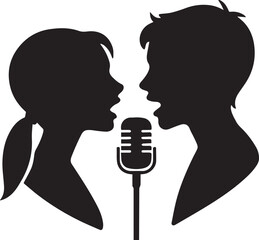 "Black and White Silhouette of Two People Singing or Podcasting with Vintage Microphone"