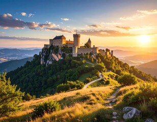 Obraz premium Ancient castle perched atop a verdant hill during a picturesque sunset
