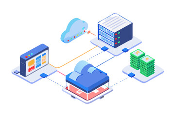 Isometric illustration of cloud computing and data storage