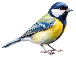Naklejka premium A detailed watercolor illustration of a great tit bird with vibrant yellow and blue plumage isolated on a white background