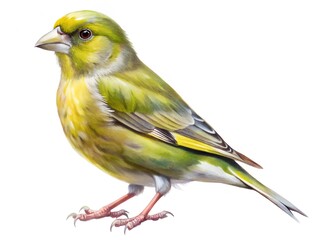 A detailed illustration of a european greenfinch bird perched on a white background