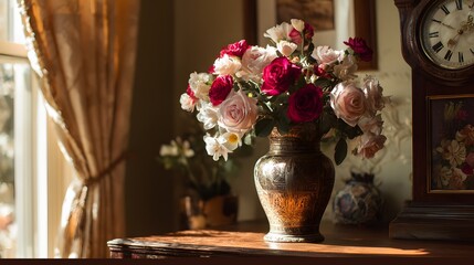 Arrangement of pink and red roses in an ornate vase on a wooden surface with a grandfather clock pink roses