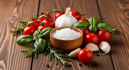 Fresh tomatoes, garlic, basil, rosemary, and sea salt arranged on brown wood, showcasing culinary ingredients and representing freshness, flavor, and healthy cooking