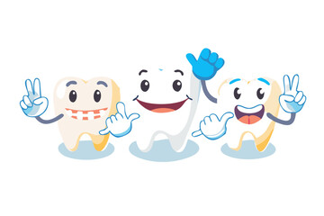 Three cartoon teeth characters with happy expressions