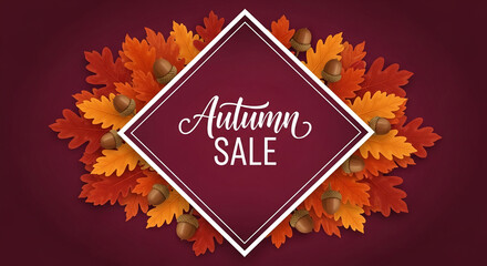Autumn sale banner with red and orange oak leaves and acorns surrounding a maroon diamond frame Free space for text