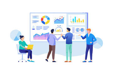 Business team analyzing financial data on a large screen with charts and graphs