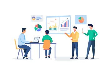 Business meeting with charts and graphs on screen