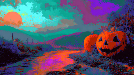 Spooky Halloween Landscape with Carved Pumpkins by a Colorful Sunset Over Mountains