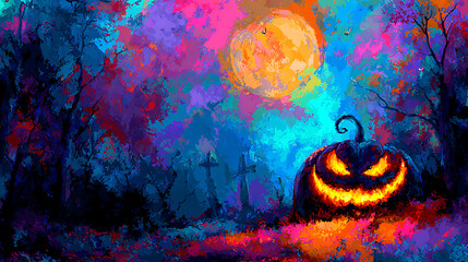 Spooky Halloween Night with a Glowing Pumpkin Under a Full Moon in a Colorful Forest