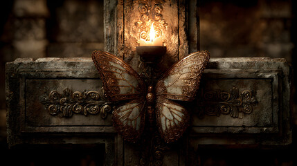 Lonely tomb cross lit by candle flame, butterfly lighting with atmospheric diffusion, rule of thirds framing, triadic warm palette, gritty stone detail