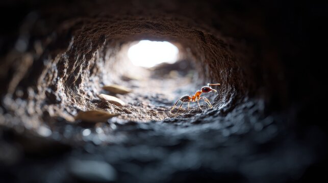 Close up view of ant inside tunnel, showcasing intricate details of tunnel texture and ant features. light at tunnel end creates dramatic effect, highlighting ant journey