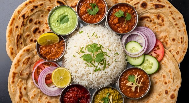 Top-down view of a traditional Indian food thali, a complete vegetarian meal with assorted curries, basmati rice, and paratha bread