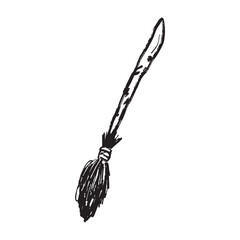 Witch broom magical equipment in black brush stroke texture isolated on white. Hand drawn vector sketch illustration in vintage charcoal ink. Happy Halloween, mystery accessory, witch craft