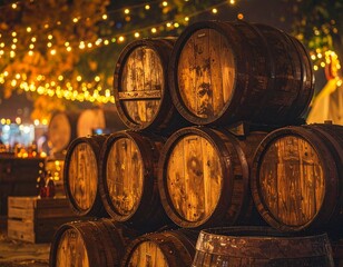 Aged oak barrels for wine or whiskey stacked at a rustic outdoor festival during a festive evening celebration with glowing string lights