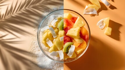 Overhead view of chopped fruit salad in glass bowl with coconut flakes on split background with palm leaf shadows