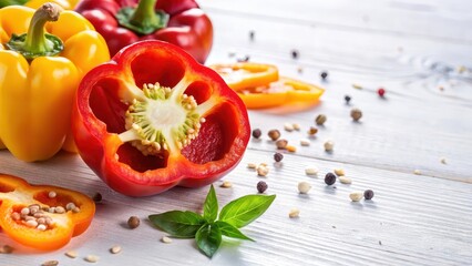 Red and yellow pepper slices on a white background with some seeds visible