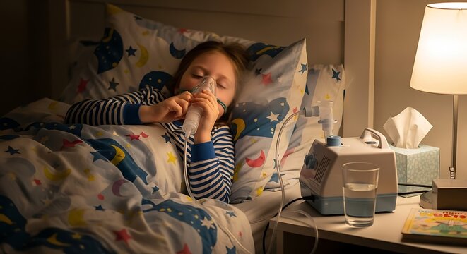 Child using nebulizer inhaler in bed at night.