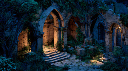 Moonlit ruins with ivy and skeletal remains, split-lighting shadow play, atmospheric depth cues, natural matte stone textures