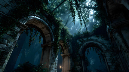 Moonlit ruins with ivy and skeletal remains, split-lighting shadow play, atmospheric depth cues, natural matte stone textures