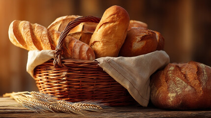 Artisanal bread assortment overflowing from a rustic woven basket on wooden surface