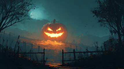 Spooky Halloween Night with a Glowing Pumpkin in a Dark Landscape Surrounded by Trees