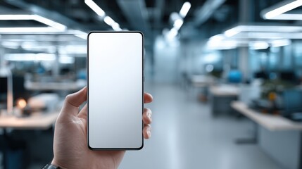 Smartphone with Blank Screen Held in Hand in Modern Office - Mockup for App