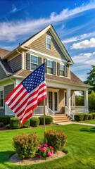Fototapeta premium House with American flag in front yard