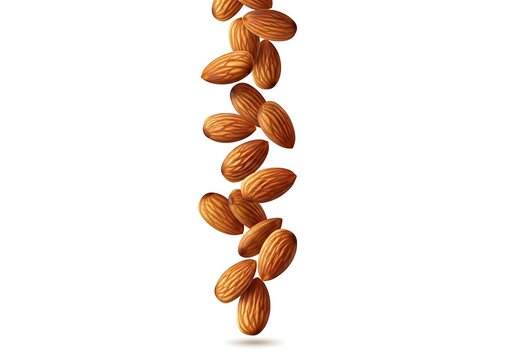 A vertical cascade of almonds falling isolated on white background - Powered by Adobe