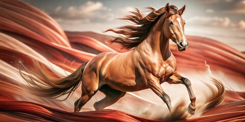 Dynamic stallion running freely in a surreal environment, its mane and tail flowing with the wind, capturing the essence of speed and freedom