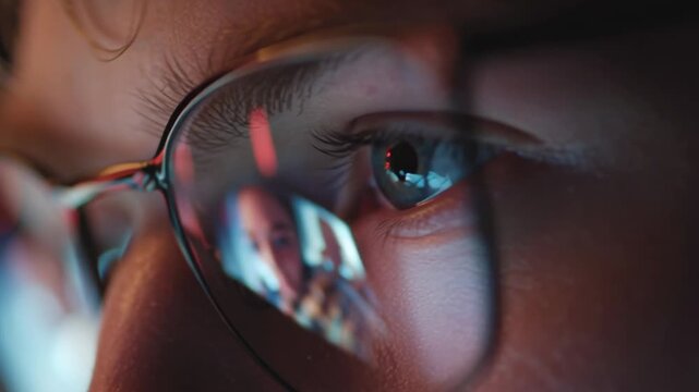 Close-up eye in glasses with distinct glowing reflections &mdash; shot for tech, UX, cyber-security and analytics themes.