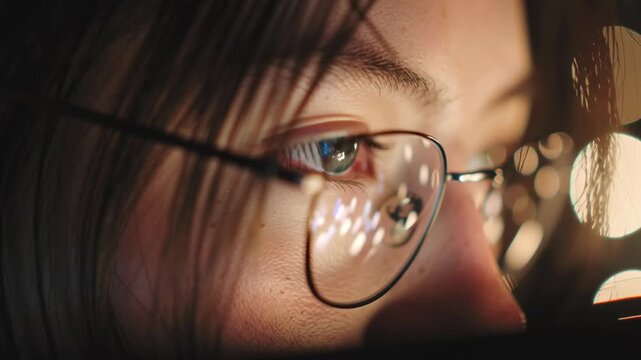 Close-up of glasses with screen reflections &mdash; shot about focus, IT specialist, coding, UX research or financial trading.