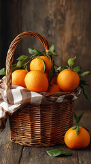 Rustic harvest: A basket of vibrant oranges evoking warmth and abundance