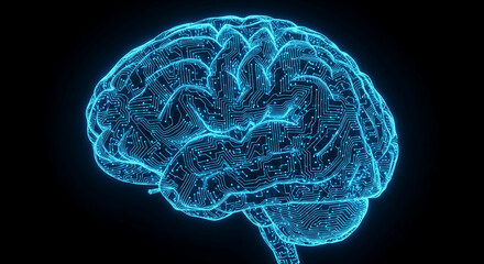 Human brain made of glowing circuit lines, dark background, neon blue tones, futuristic concept, ultra-detailed 4K