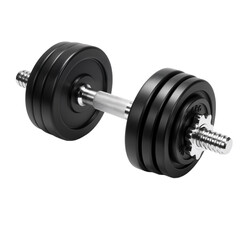 Naklejka premium A sleek, black adjustable dumbbell takes center stage against a pristine white background, showcasing its modern, space-saving design and engineered precision. Featuring a chrome-finished bar and mult