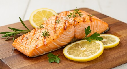 Grilled salmon with lemon slices on wooden board