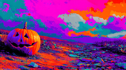 A vibrant Halloween landscape featuring a carved pumpkin on a colorful rocky terrain under a surreal sky