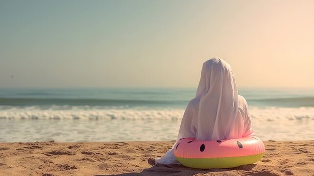 Child ghost costume on sunny beach with watermelon floaty