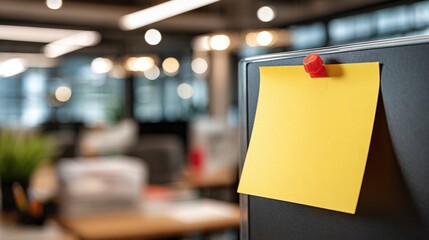 Yellow Sticky Note Attached to Monitor in Modern Office Workspace for Reminders and Organization