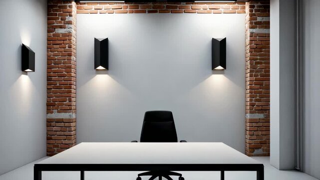 Minimalist Office Interior with Brick Wall and Single Desk under Soft Ambient Lighting