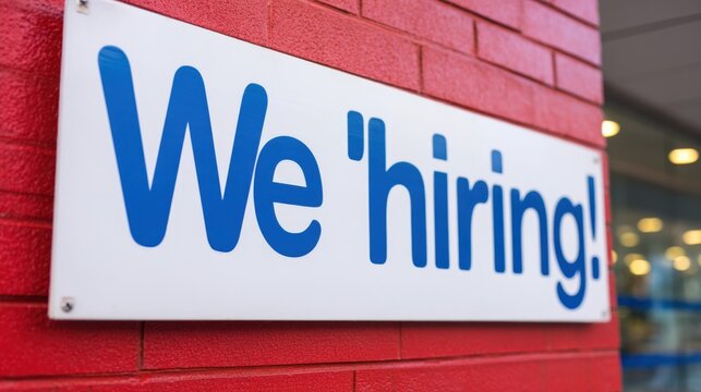 Signboard with the message We're hiring on a red brick wall communicating recruitment process and job opening for business