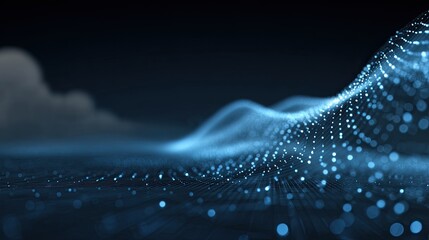 A blue and white abstract wave pattern with glowing blue dots and lines.