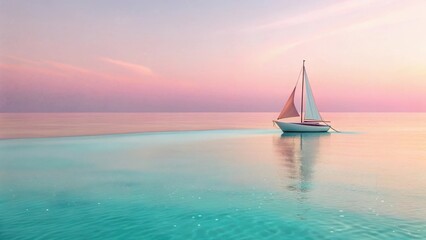 Obraz premium A pastel pink sailboat floats gently on the calm turquoise waters of a warm sandy beach at sunset