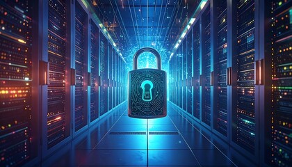 A futuristic server room showcases a large, illuminated lock, symbolizing robust data security.