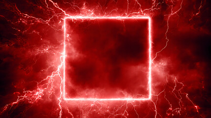 Abstract red lightning frame with dark clouds, creating a dramatic and intense atmosphere