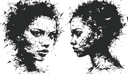 Abstract grunge portrait of a woman's face on transparent. fractured and fragmented with a marble texture. Conveys themes of decay, fragility, and hidden beauty.