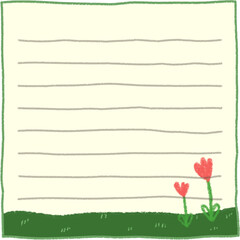 Obraz premium Cute Hand-drawn Lined Memo Paper, Grass and Flower Decorative Background Design